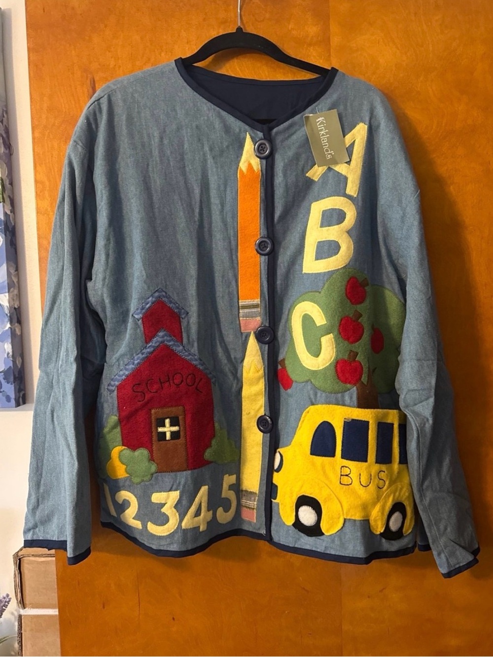 Vintage Kirkland Signature Blue Kids School Appliqué Jean Jacket